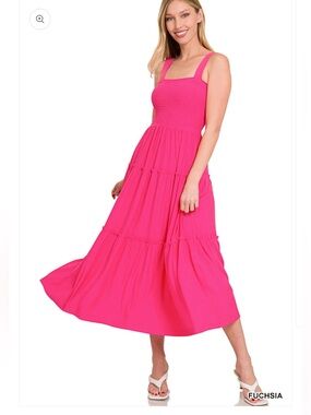 Zenana Women's XL Smocked Tiered Maxi Dress Hot Pink Boho Inspired Flowy